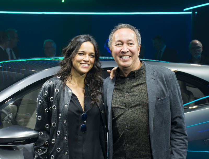 Actress Michelle Rodriguez and Julian Thomson, Jaguar Director of Advanced Design