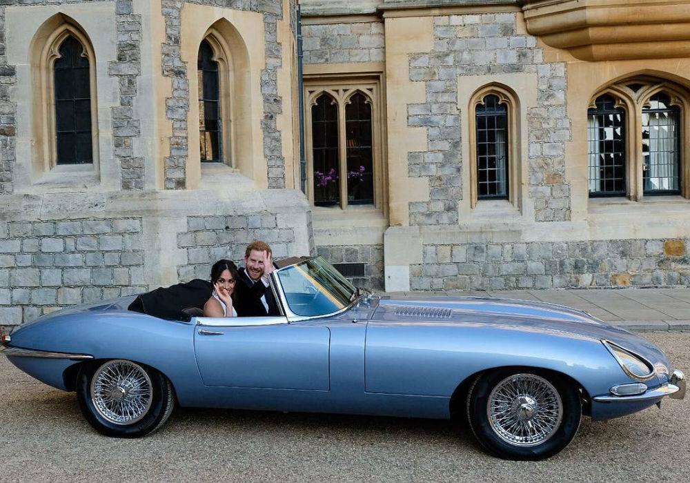 Duke and Duchess of Sussex in Jaguar E-Type Zero