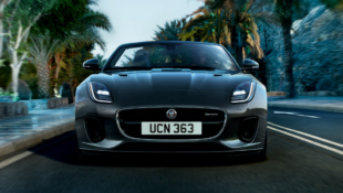 convertible Jaguar F-Type palm trees
