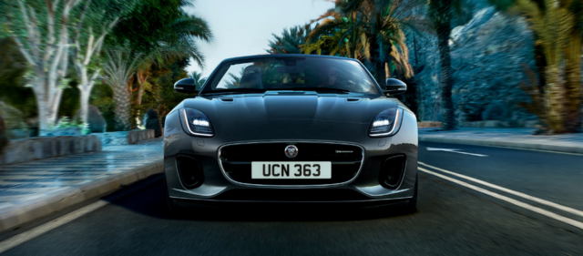 convertible Jaguar F-Type palm trees